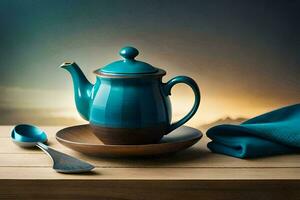 a teapot and spoon on a wooden table. AI-Generated photo