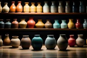 a row of colorful vases on a shelf. AI-Generated photo