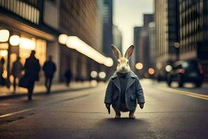 un Conejo en un traje en pie en un ciudad calle. generado por ai foto