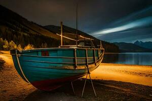 a boat sits on the shore at night. AI-Generated photo