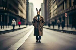 un Conejo vistiendo un Saco y Corbata caminando abajo un ciudad calle. generado por ai foto