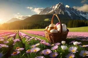 Pascua de Resurrección huevos en un cesta en el campo. generado por ai foto