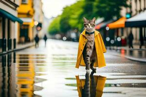 a cat in a yellow raincoat walking on a wet street. AI-Generated photo