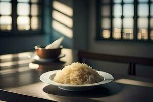 a bowl of rice sits on a table in front of a window. AI-Generated photo