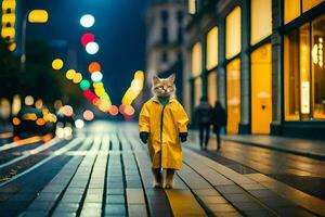 un gato en un impermeable caminando abajo un calle a noche. generado por ai foto