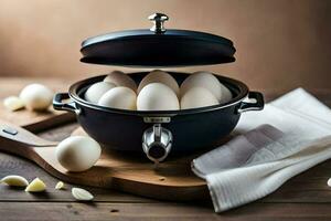 a pan filled with eggs on a wooden cutting board. AI-Generated photo