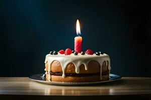 a birthday cake with a single candle on top. AI-Generated photo