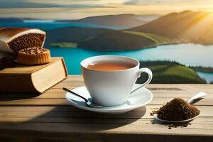 a cup of tea and a slice of bread on a wooden table with a view of a lake. AI-Generated photo