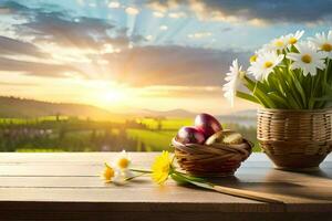 Pascua de Resurrección flores en un cesta en un mesa. generado por ai foto