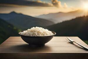 arroz en un cuenco en un mesa con montañas en el antecedentes. generado por ai foto