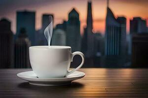 coffee cup on the table with cityscape in the background. AI-Generated photo