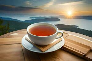 a cup of tea on a table with a view of the mountains. AI-Generated photo