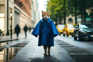 a cat wearing a blue coat and walking down a street. AI-Generated photo