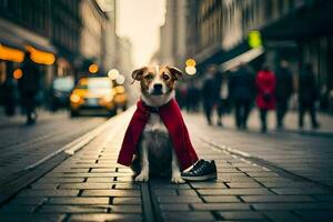 un perro vistiendo un rojo capa se sienta en el calle. generado por ai foto