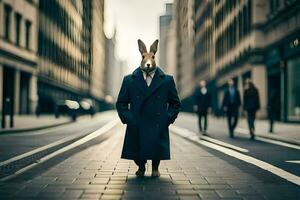 a rabbit wearing a suit and tie standing in the middle of a city street. AI-Generated photo