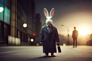 a rabbit in a suit and tie standing on a street. AI-Generated photo