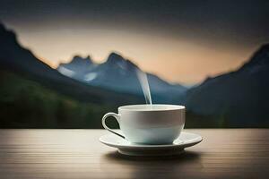 a cup of coffee on a table in front of mountains. AI-Generated photo