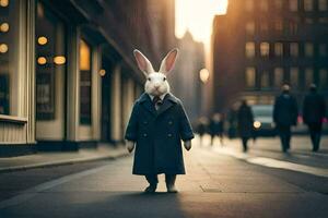 a rabbit dressed in a suit and tie walking down a city street. AI-Generated photo