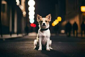 a dog sitting on the street at night. AI-Generated photo