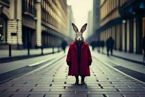 a rabbit wearing a red coat and standing on a street. AI-Generated photo