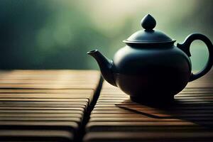 a black teapot sitting on top of a wooden table. AI-Generated photo