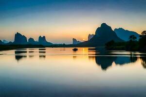 the sun sets over mountains and water in china. AI-Generated photo