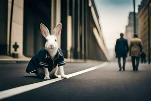 a rabbit wearing a jacket and standing on the street. AI-Generated photo