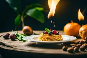 spaghetti with nuts and oranges on a plate. AI-Generated photo