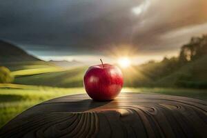 an apple sits on a table in front of a field. AI-Generated photo