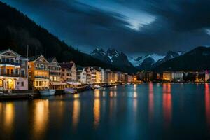 el luces de el ciudad son reflejado en el agua. generado por ai foto