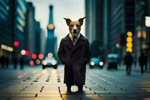 un perro vestido en un traje y Corbata en pie en un ciudad calle. generado por ai foto