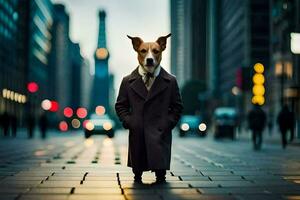 a dog dressed in a suit and tie standing on a city street. AI-Generated photo