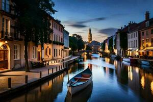 a canal in europe at dusk. AI-Generated photo