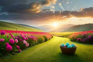 the sun rises over the fields of flowers. AI-Generated photo