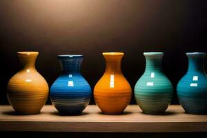 a row of colorful vases on a shelf. AI-Generated photo