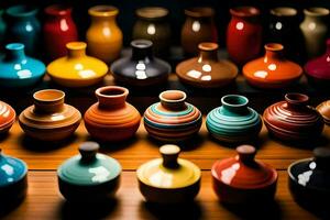 colorful vases on a table. AI-Generated photo