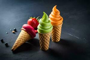 three ice cream cones with different colors. AI-Generated photo