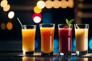four different types of drinks in glasses on a table. AI-Generated photo