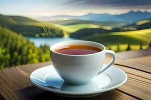 un taza de té en un de madera mesa. generado por ai foto