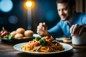 a man is eating spaghetti on a plate. AI-Generated photo
