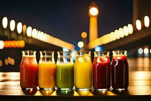 juice in bottles on a table in front of a bridge. AI-Generated photo