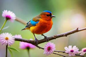 a colorful bird sits on a branch with pink flowers. AI-Generated photo