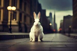 un blanco Conejo sentado en el acera en un ciudad. generado por ai foto