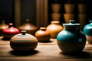 a group of colorful vases sitting on a table. AI-Generated photo