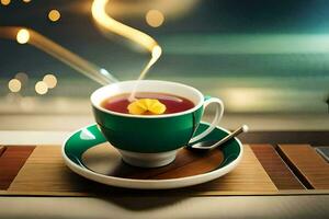 a cup of tea with a saucer on a table. AI-Generated photo