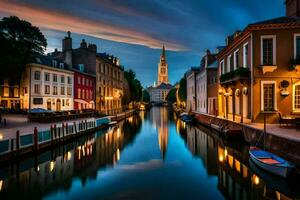 un canal en el medio de un ciudad a noche. generado por ai foto