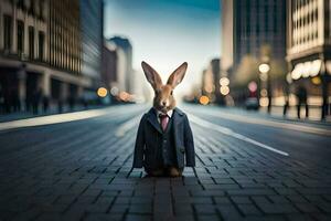 a rabbit wearing a suit and tie standing on a street. AI-Generated photo