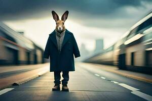 a rabbit wearing a coat and tie standing on a train track. AI-Generated photo