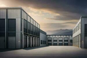 a large warehouse with two large doors. AI-Generated photo