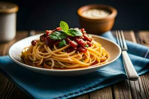 spaghetti with tomato sauce and basil leaves on a plate. AI-Generated photo